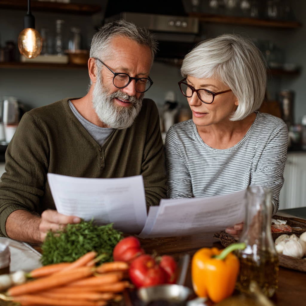 Middle-aged adults reviewing personalized meal planning documents at a kitchen table