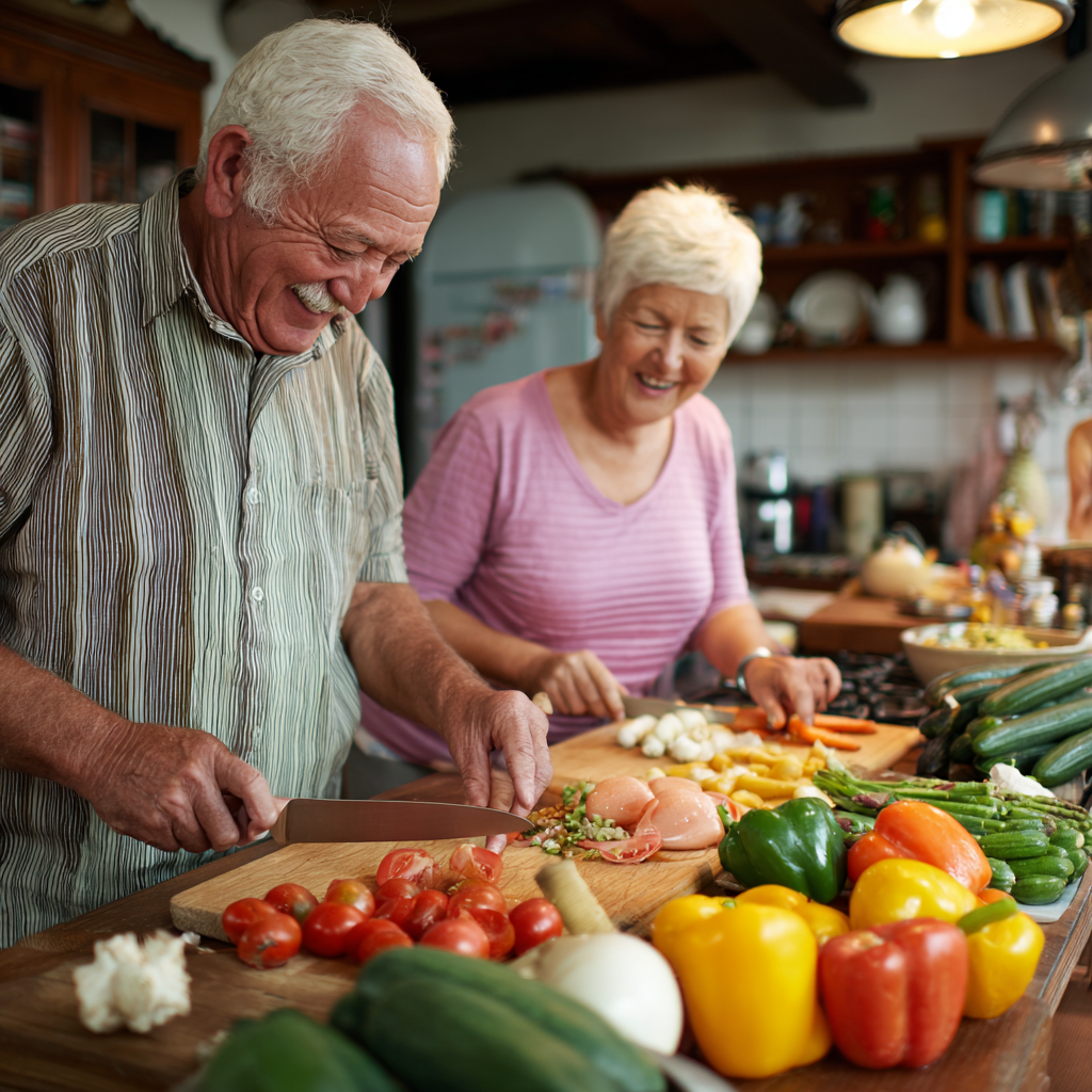 Older adults preparing fresh seasonal vegetables in a bright home kitchen